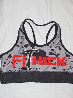 FiThick Fitness Junkies Gray Black Splatter Print Racerback Sports Bra sz Small
